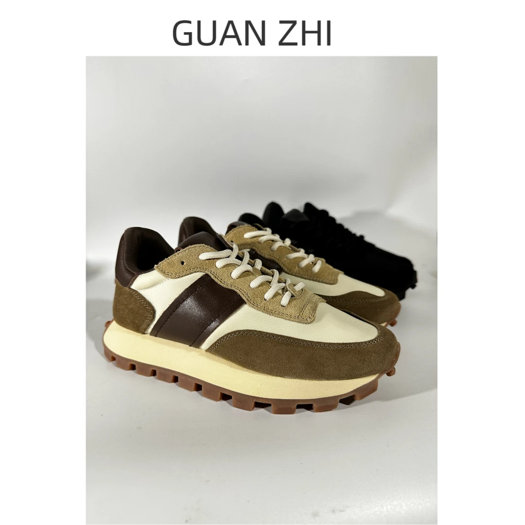 厚底阿甘鞋拼色复古休闲慢跑运动老爹鞋豆豆底美拉德真皮大码女鞋