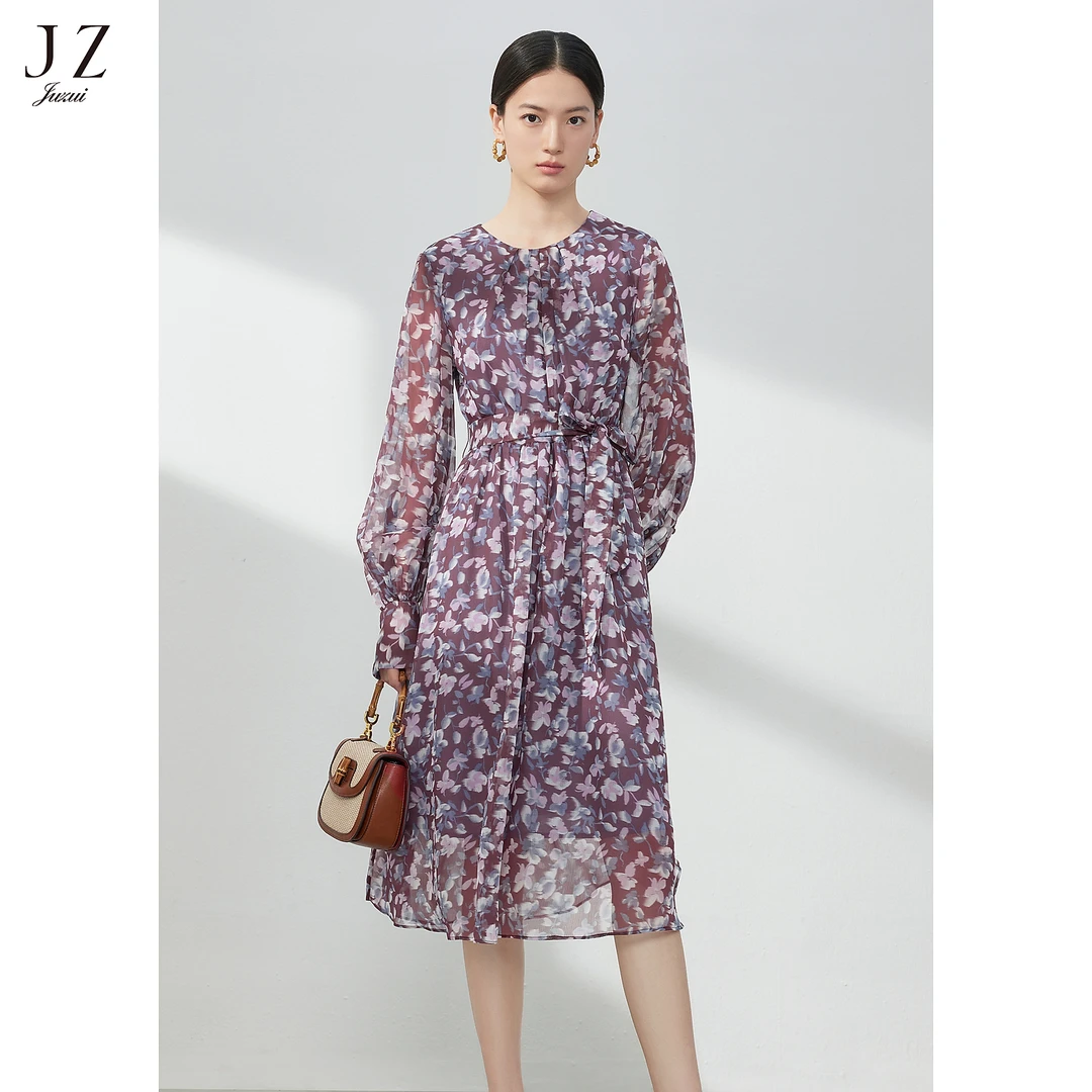 JZ玖姿JTDC50039晕染感花卉连衣裙女装春季雪纺裙子酒红色衣服