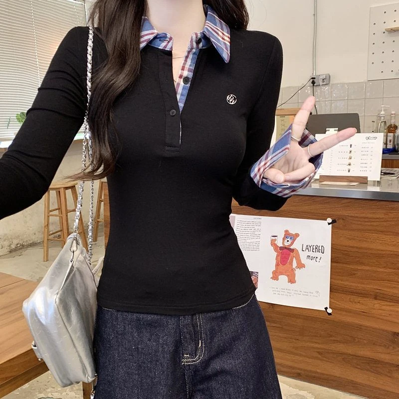实拍撞色polo领拼接长袖t恤女秋季新款洋气修身打底衫上衣