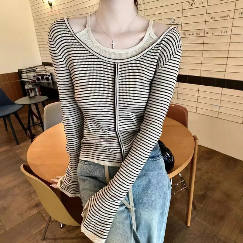 假两件条纹长袖针织衫女2024早秋新款内搭打底衫修身显瘦别致上衣