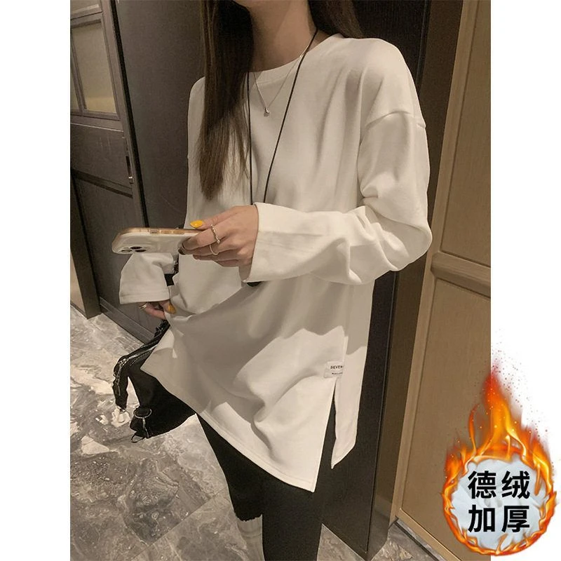 洋气小衫2024年秋装新款女装韩版纯色开叉长袖T恤女上衣打底衫潮