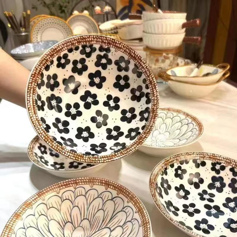 【不带礼盒】藤边7英寸斗笠汤碗家用陶瓷碗6只装釉下彩复古面碗印花