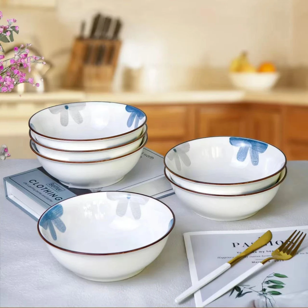 清新蓝禾7英寸面碗6只装陶瓷汤碗釉下彩工艺乔迁新居汤碗饭碗盘子