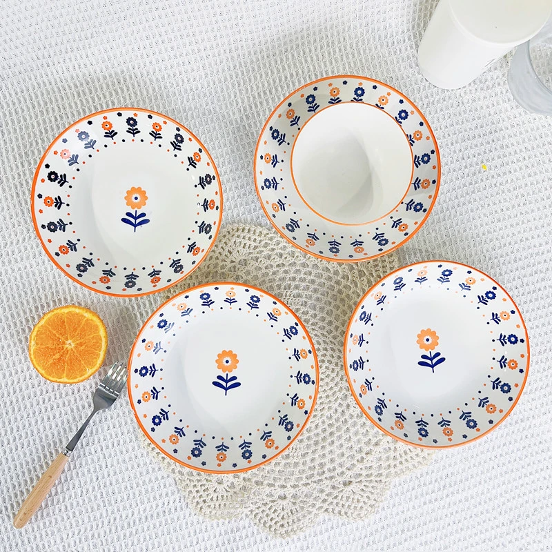 【6只装】7英寸向阳花深菜盘盘子加深螺纹深菜盘陶瓷餐具网红釉下彩