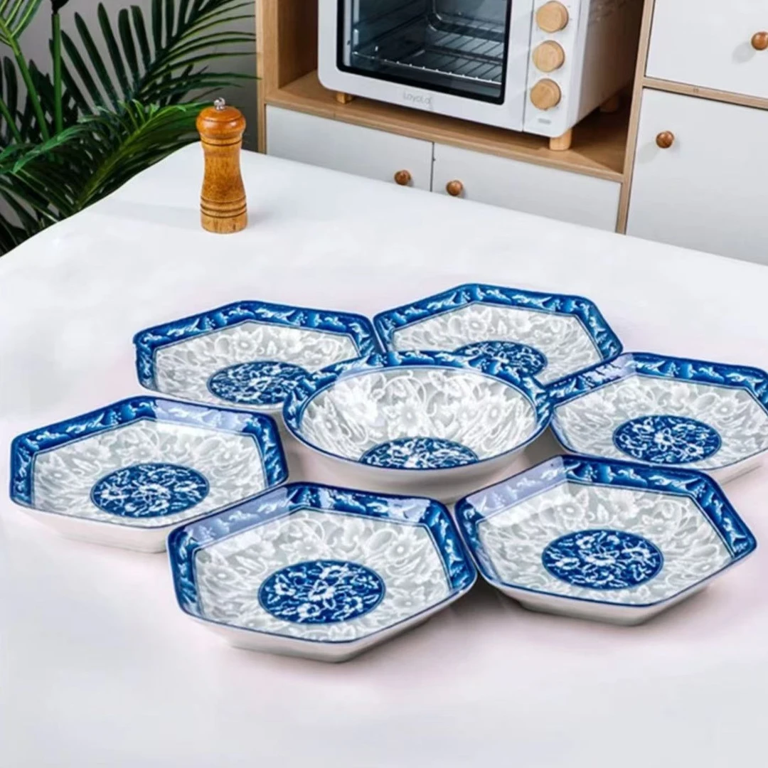 【7件套】国风青花瓷六角盘组合健康釉下彩家用六边形菱形高颜值拼