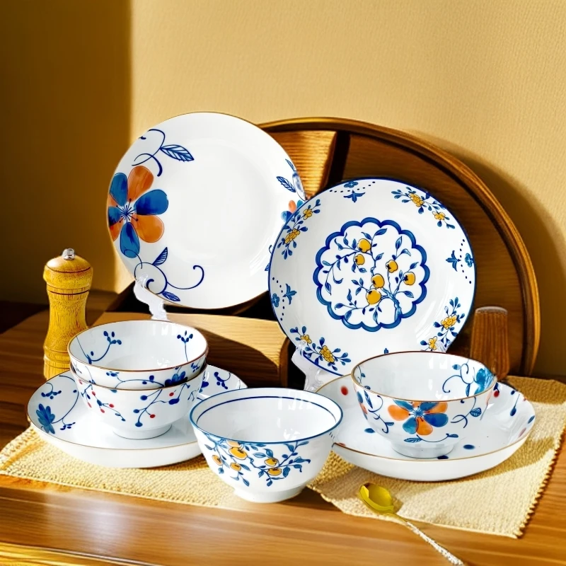 【8件套】中式青花陶瓷清新淡雅陶瓷餐具1380度釉下彩工艺家用盘碗