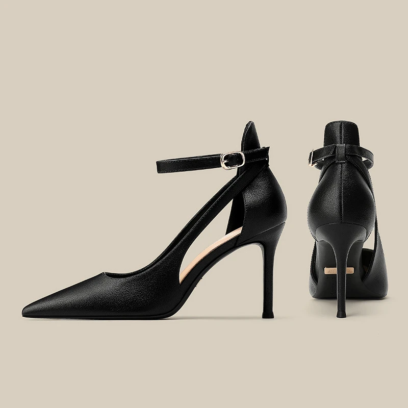 裸色高跟鞋女细跟百搭夏秋新款一字扣绑带单鞋尖头包头皮气质凉鞋