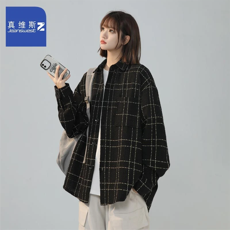 真维斯z春秋季长袖衬衫男女同款情侣宽松小香风格子衬衣大码外套