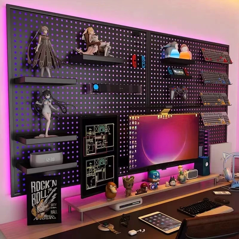 芒达电竞房洞洞板钢制墙上置物架铁艺装饰书房电脑桌墙面收纳挂板