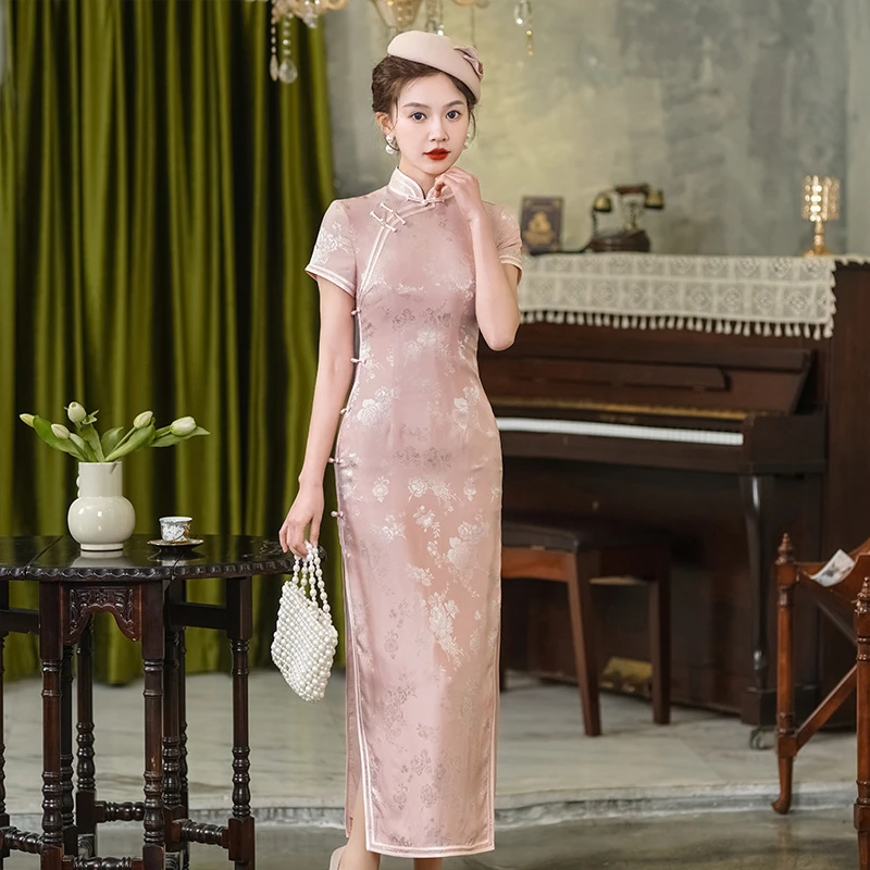 高端真丝旗袍桑蚕丝连衣裙气质复古修身年轻妈妈长款日常婚宴礼服