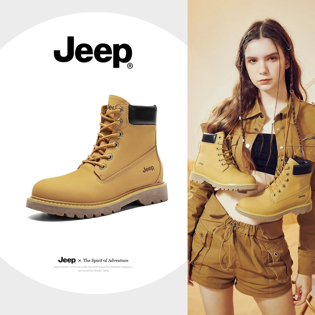 JEEP/吉普大黄靴女2023新款复古工装靴短靴子厚底英伦真皮马丁靴