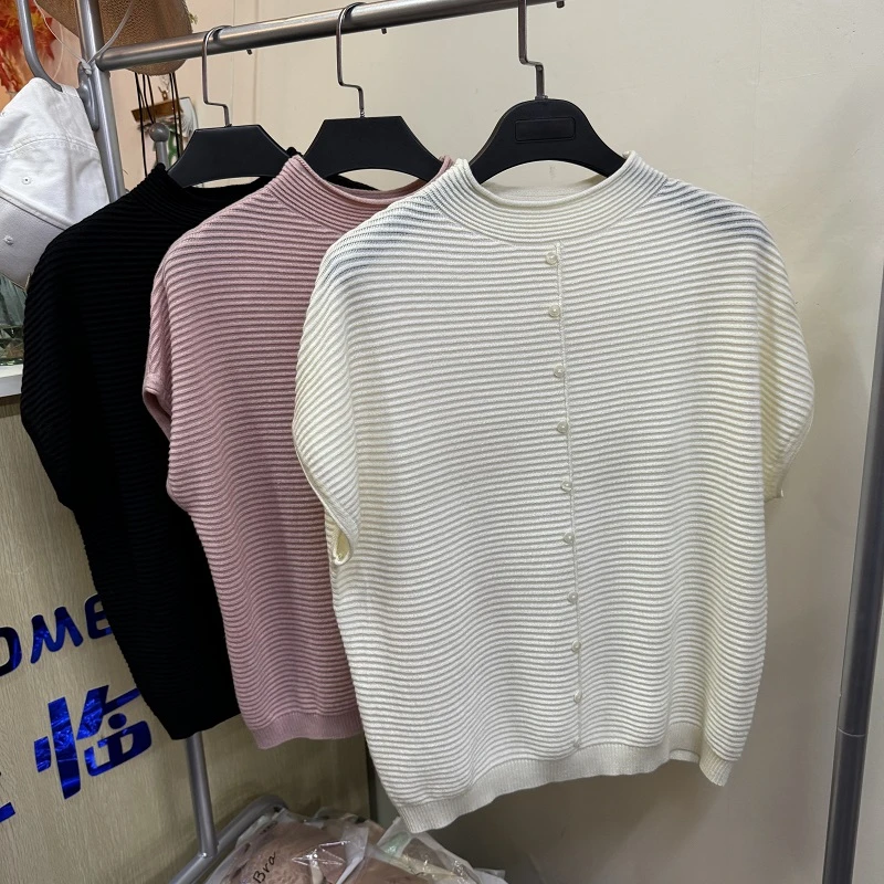 秋季新款半高领羊毛燕尾针织衫女宽松短袖外搭时尚针织T桖休闲