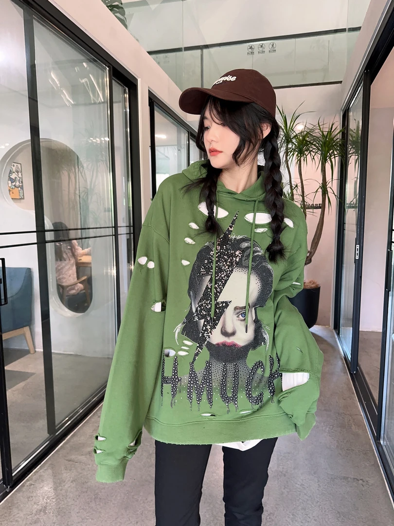 24轻奢潮牌破洞做旧烫钻卫衣假两件套OVERSIZE中长款帽衫中性男女