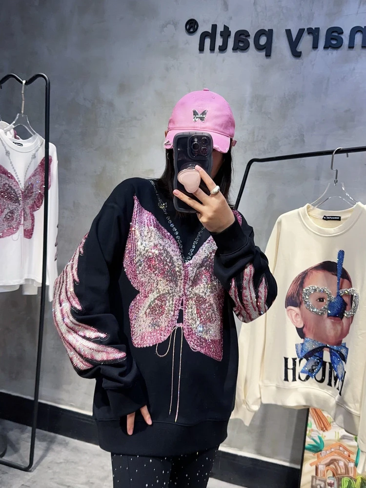 秋冬潮流上衣轻奢潮牌重工烫钻圆领蝴蝶大翅膀高货超闪甜酷风卫衣