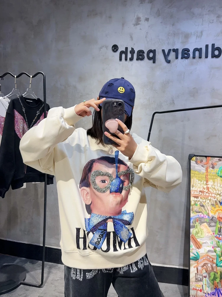 潮牌烫钻男女卫衣圆领衫OVERSIZE休闲美式高街潮流欧货高品质上衣