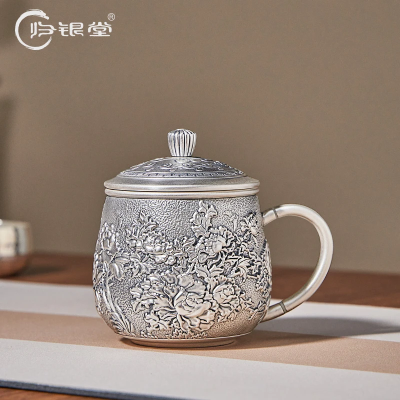 归银堂足银999牡丹百福双层茶缸杯家用银器带盖隔热送礼银器具