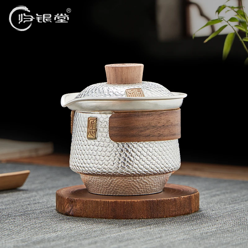 归银堂足银999手工盖碗手抓壶分茶器过滤隔热茶壶泡茶专用大容量