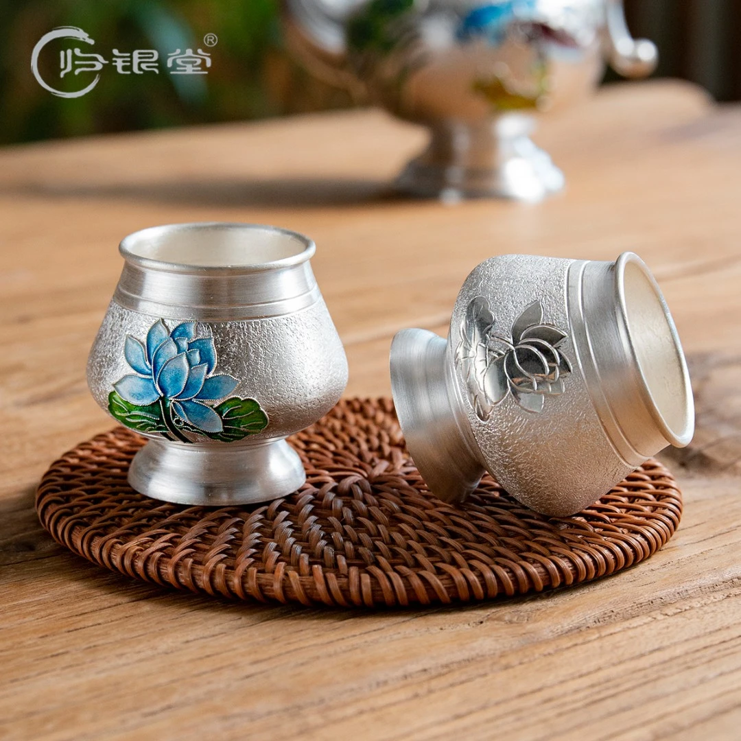 归银堂 足银银制品 景泰蓝鱼戏荷花酒壶酒杯做旧浮雕掐丝珐琅酒具