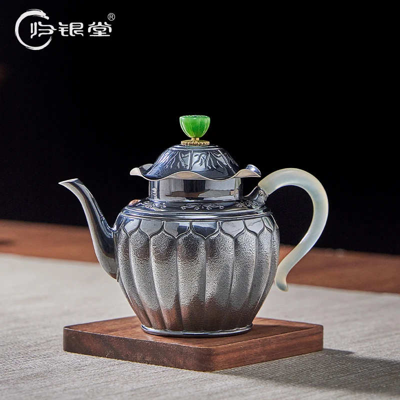归银堂足银999纯手工玉柄荷花宫灯泡茶壶中式创意足银复古茶具