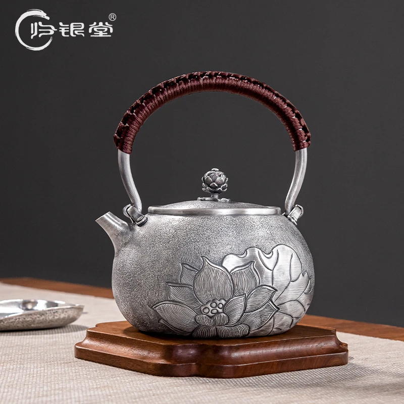归银堂足银999莲韵烧水壶提梁壶手工茶壶茶具GS-ZSSH240404