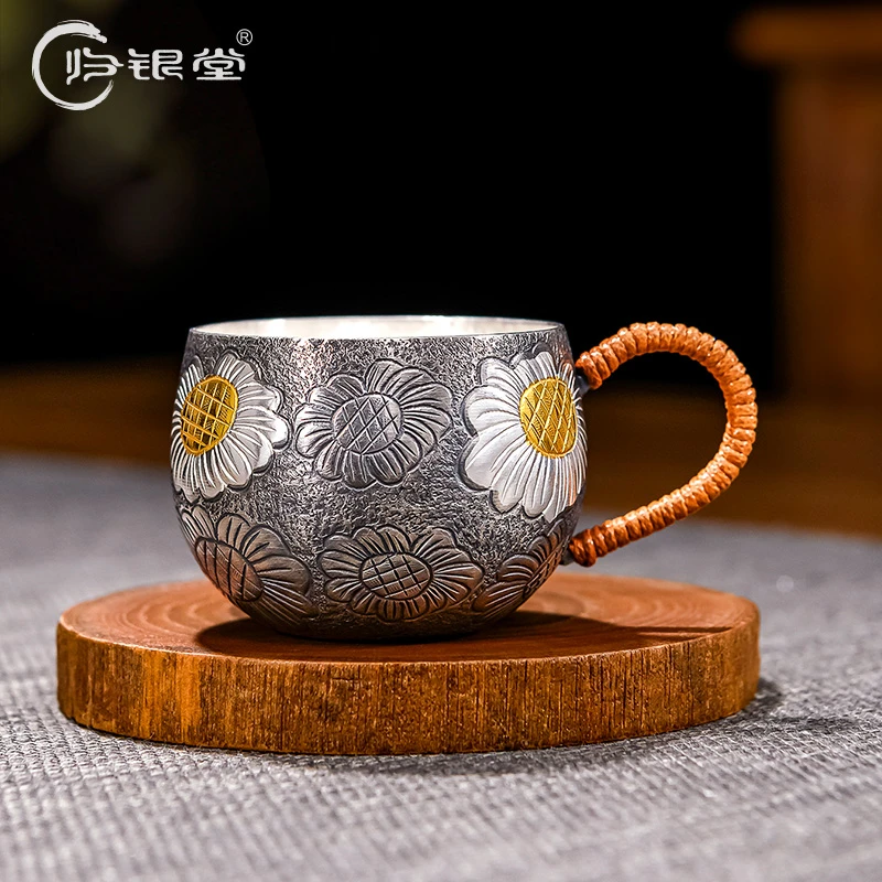 归银堂足银999小雏菊茶杯主人杯手工品茗杯茶具GS-HQPMB220101