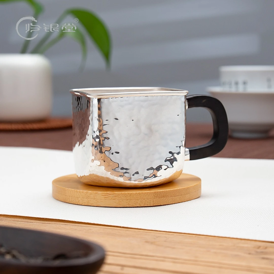 归银堂足银999手工亮面四方足银主人杯高工把手握茶杯咖啡杯泡茶