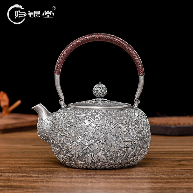 归银堂足银牡丹缠枝花银壶泡茶烧水壶家用银壶茶具GS-FCH200906