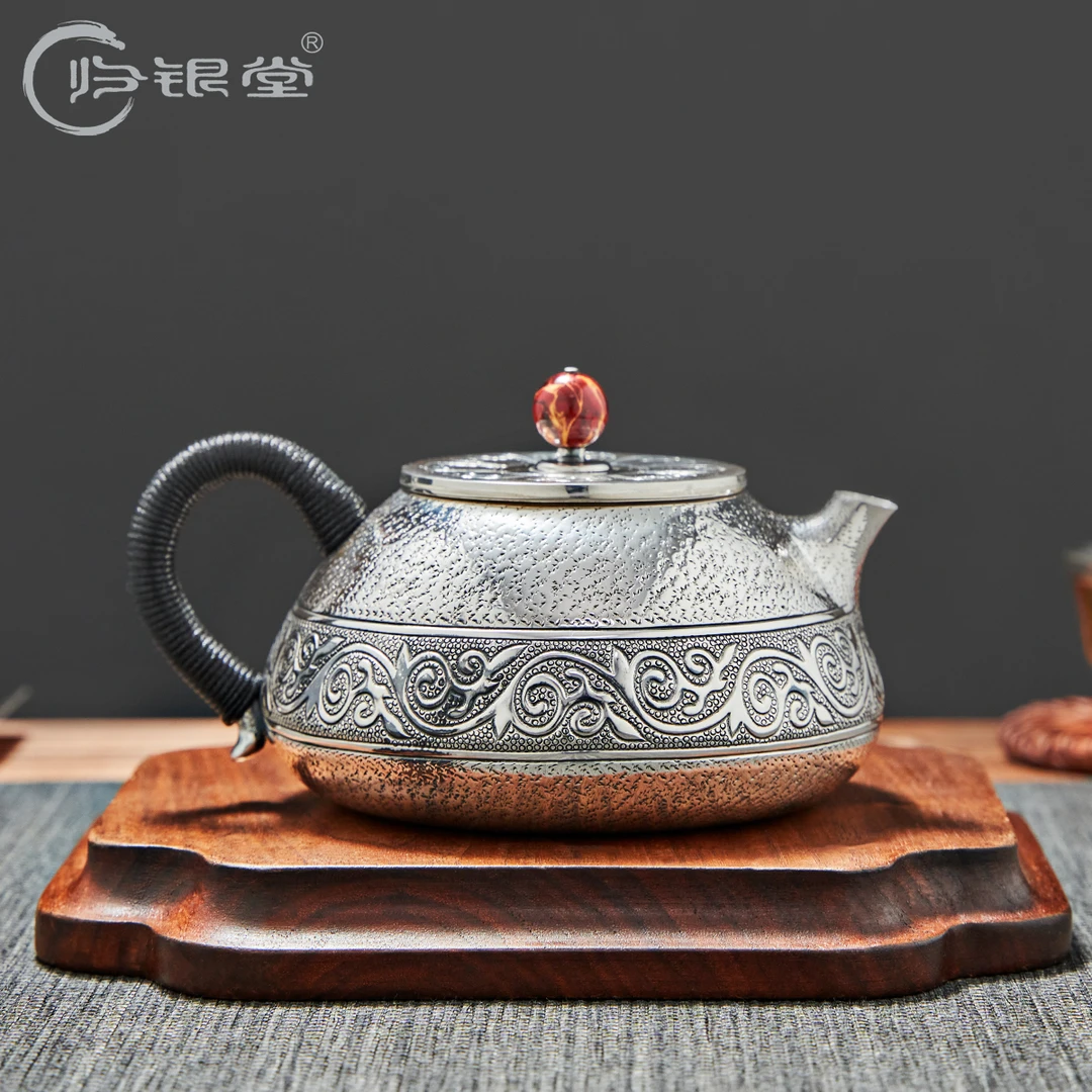 归银堂足银999缠枝莲石瓢泡壶大容量泡茶壶足银茶具GS-HPCH220512