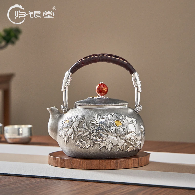 归银堂足银999大漆牡丹烧水壶中式烧水壶茶具GS-HSSH230604