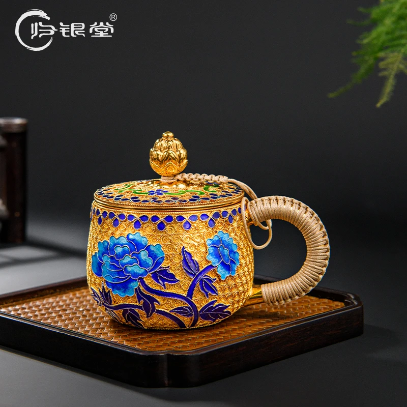 归银堂足银999景泰蓝掐丝鱼戏荷花茶缸杯银杯茶具GS-HCGB220602