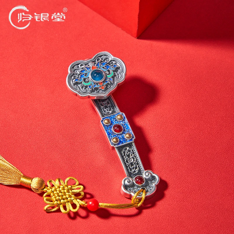 归银堂足银999金银如意手把件景掐丝珐琅泰蓝摆件银器茶宠盖置