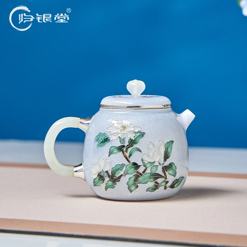 归银堂纯手工七宝烧茶壶高端999足银茶具日式银壶银杯银足银器具