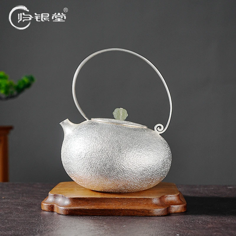 归银堂傲雪提梁煮茶壶足银纯手工煮水泡茶999足银泡壶日式银壶