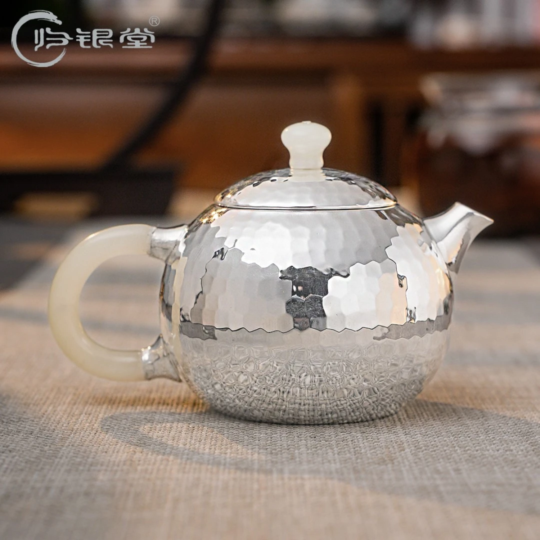 锤纹纯手工玉把银壶茶壶银壶足银999小西施泡壶足银小银壶
