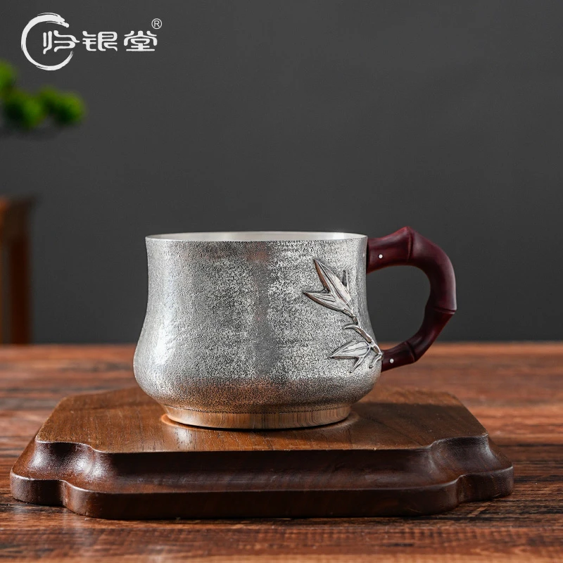 归银堂足银999复古竹节把手杯手工茶杯大容量主人杯高端银器茶具