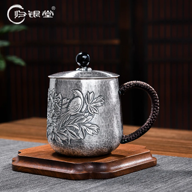 归银堂足银999复古喜鹊牡丹马克杯银器茶缸杯茶具GS-ZCGB220502