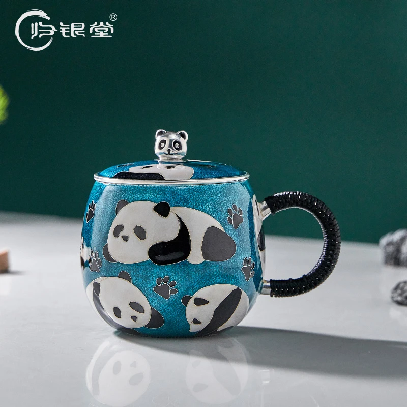 归银堂足银999珐琅彩熊猫茶杯器具手工七宝烧高端茶缸杯茶具