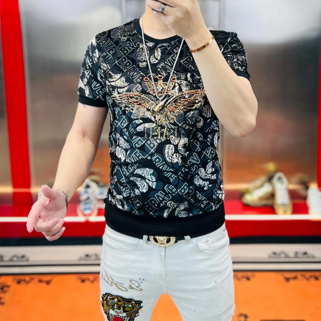 夏季新款男士时尚潮流个性百搭帅气修身高温烫钻老鹰高弹圆领短袖