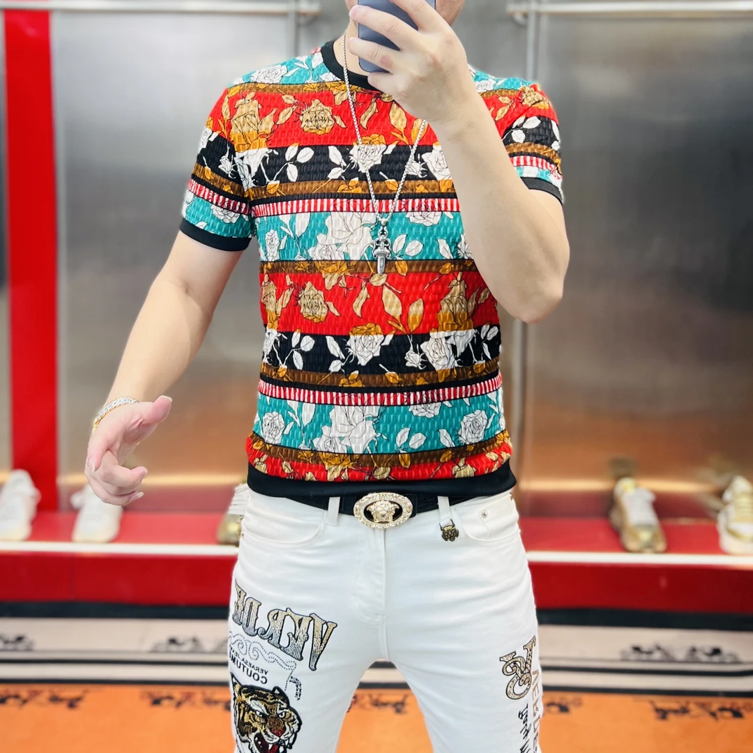 洋洋家 夏季新款植绒提花印花字母时尚百搭网红男士圆领短袖T恤潮
