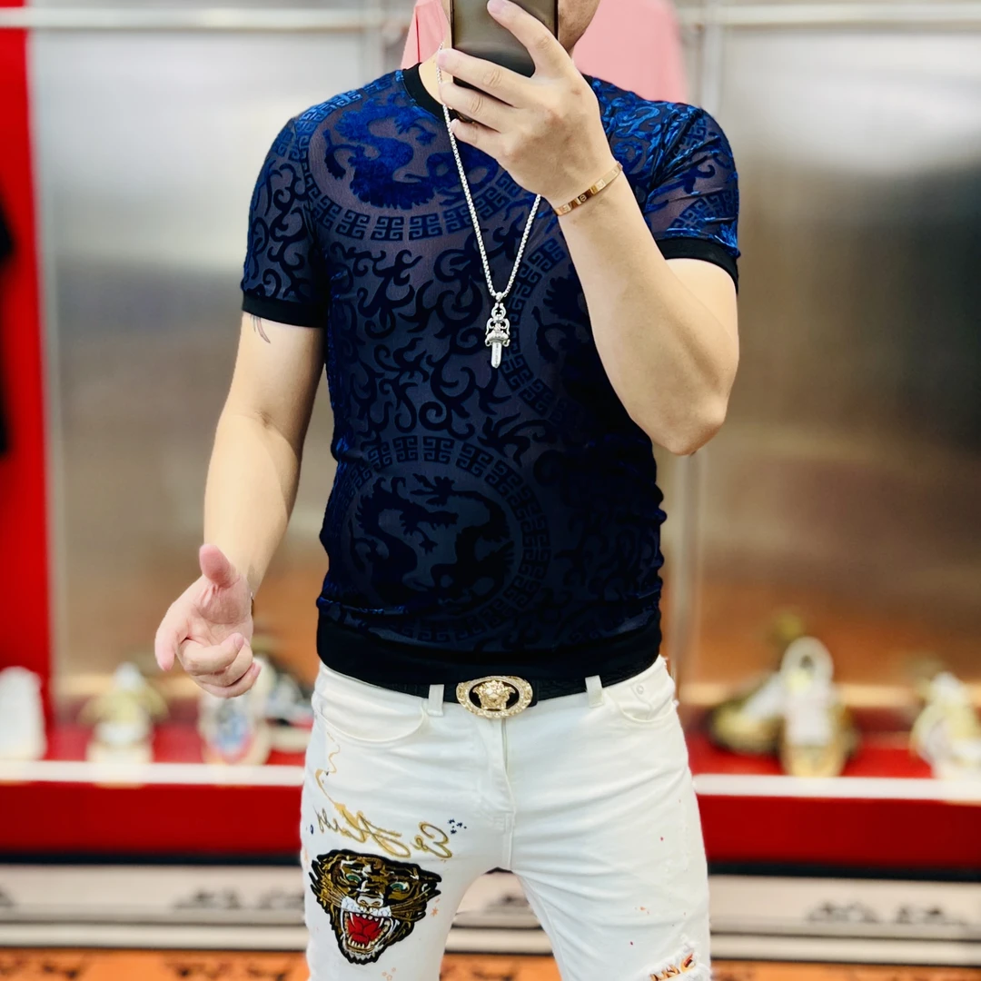 夏季新款满版暗纹小龙提花植绒时尚百搭修身显瘦高定男士冰丝短袖