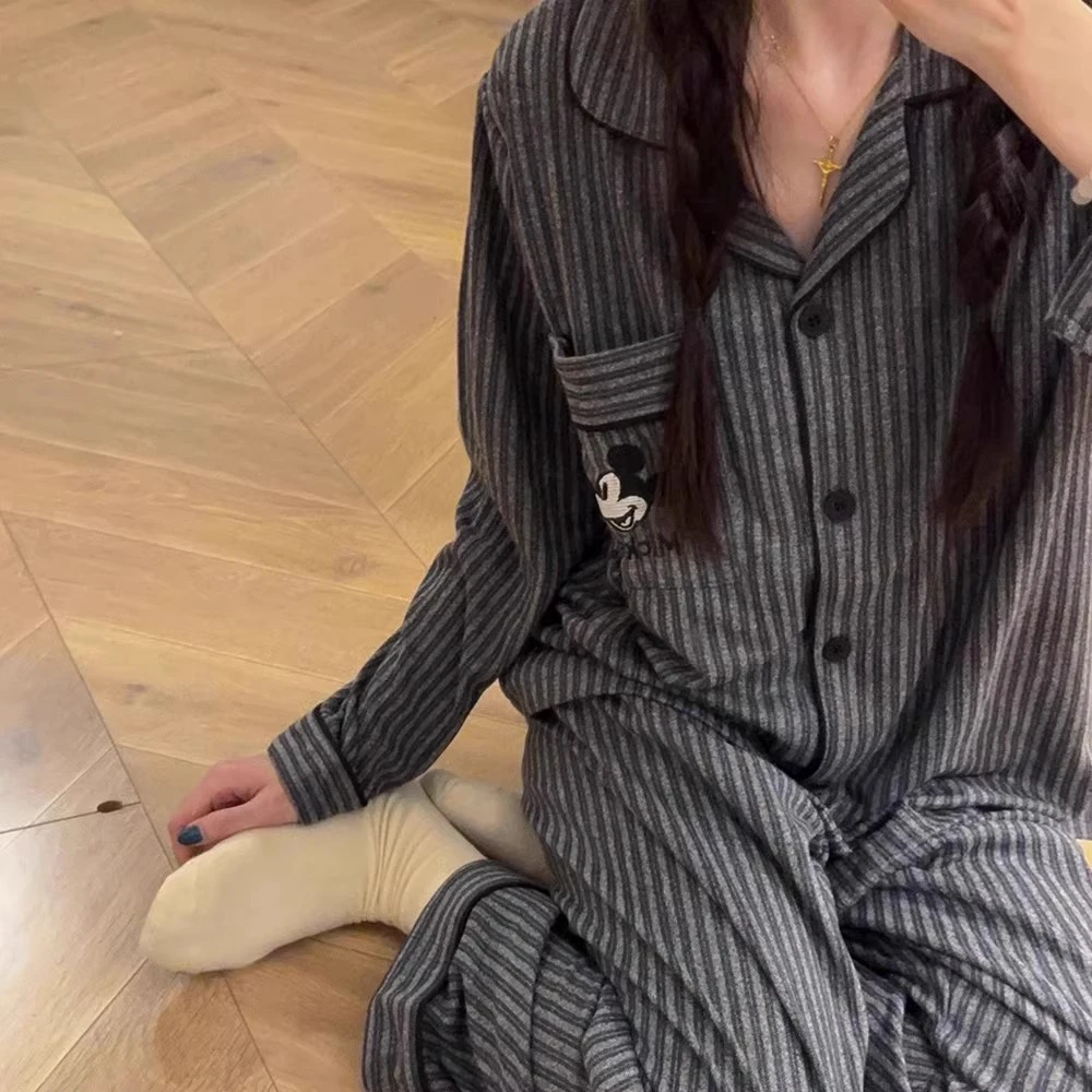 秋冬季德绒睡衣男女长袖灰色条纹米奇保暖翻领情侣家居服套装2024