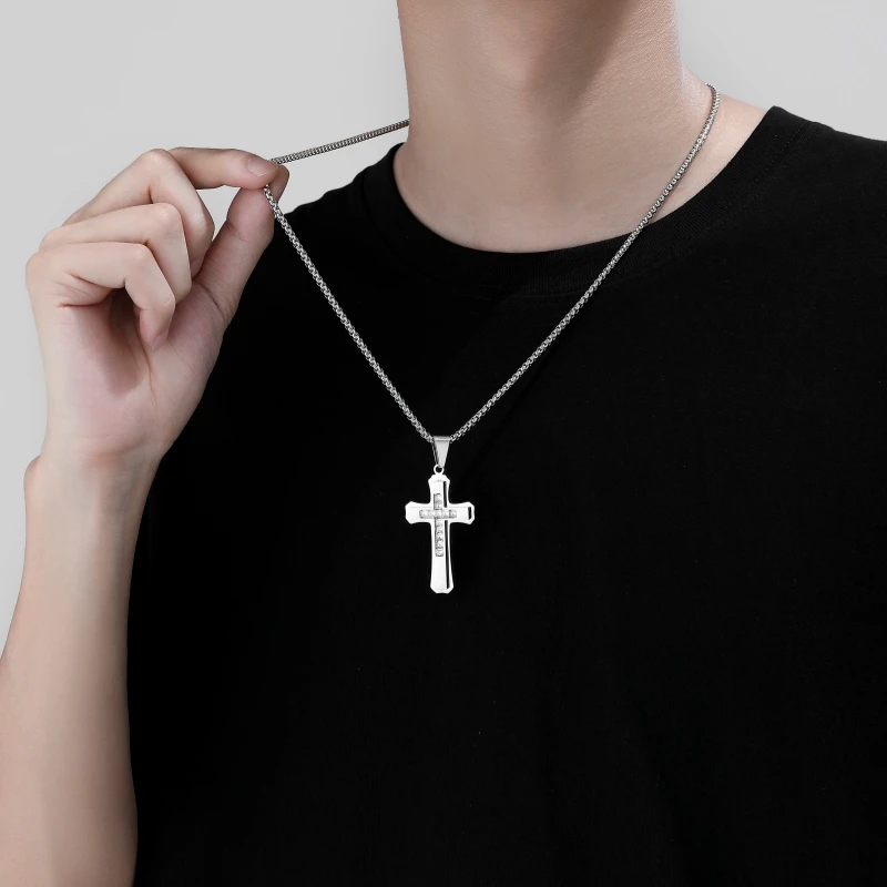卡兰茵 不锈钢吊坠 多层镶锆十字架项链吊坠男潮个性时尚百搭小众
