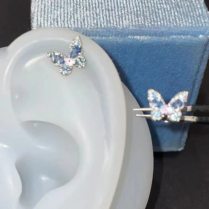 双色蝴蝶耳骨钉平底螺丝耳蜗钉免摘耳环超闪日常百搭女