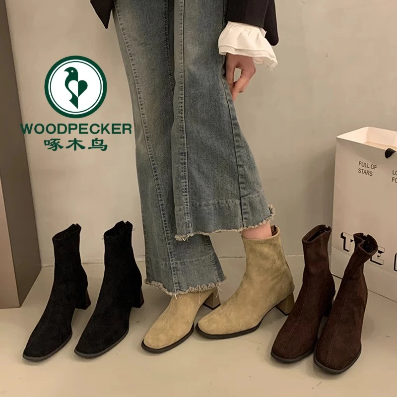 啄木鸟瘦瘦短靴女2025春秋季新款粗跟方头加绒韩系高跟瘦瘦小裸靴