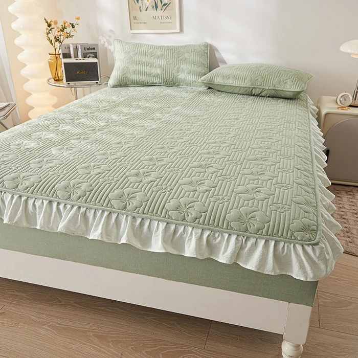 大豆全棉加厚花边防滑床罩床绗缝公主风榻榻米床笠四季床上可用
