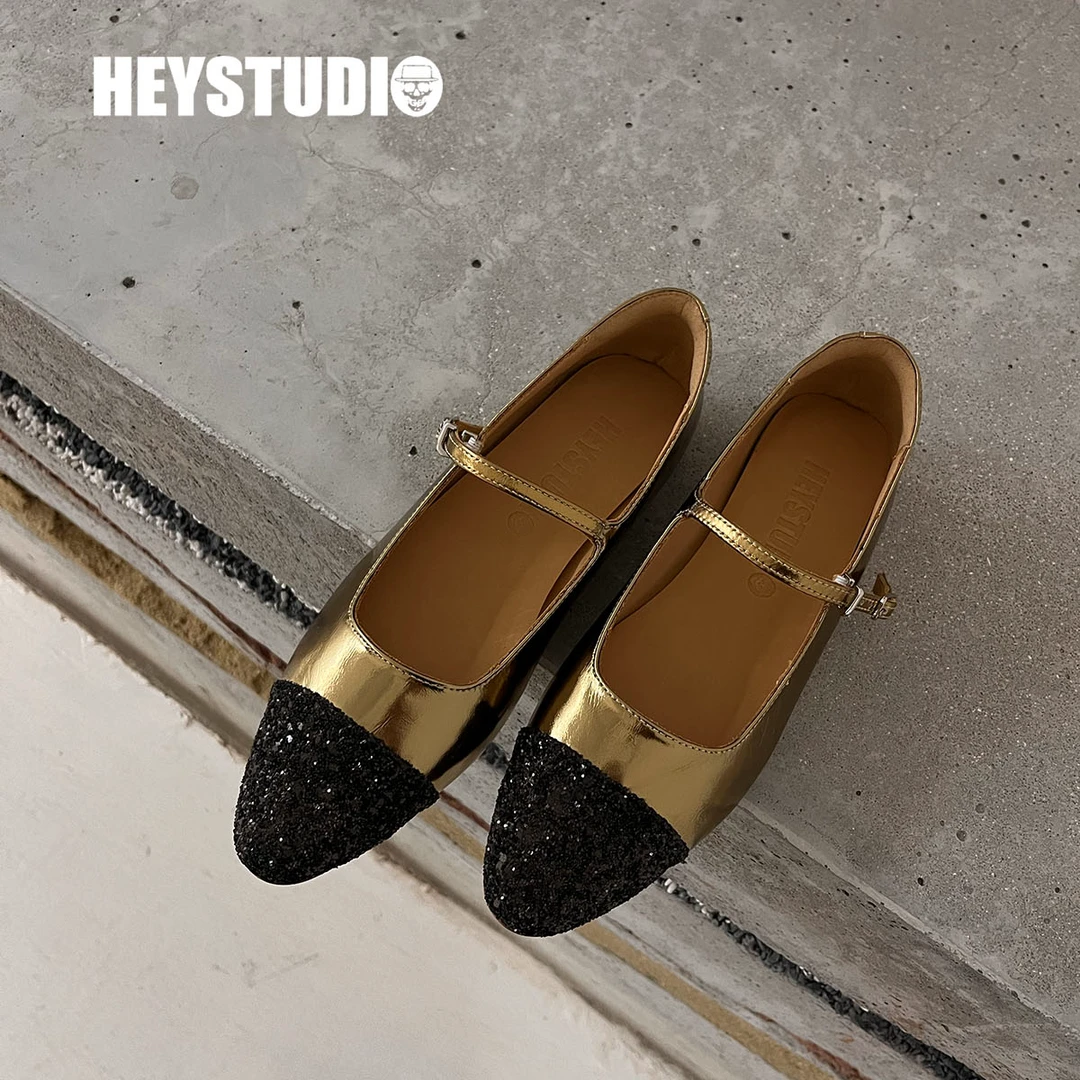 HEYSTUDIO法式闪钻拼头玛丽珍小圆头一字带枪色芭蕾舞平底女单鞋