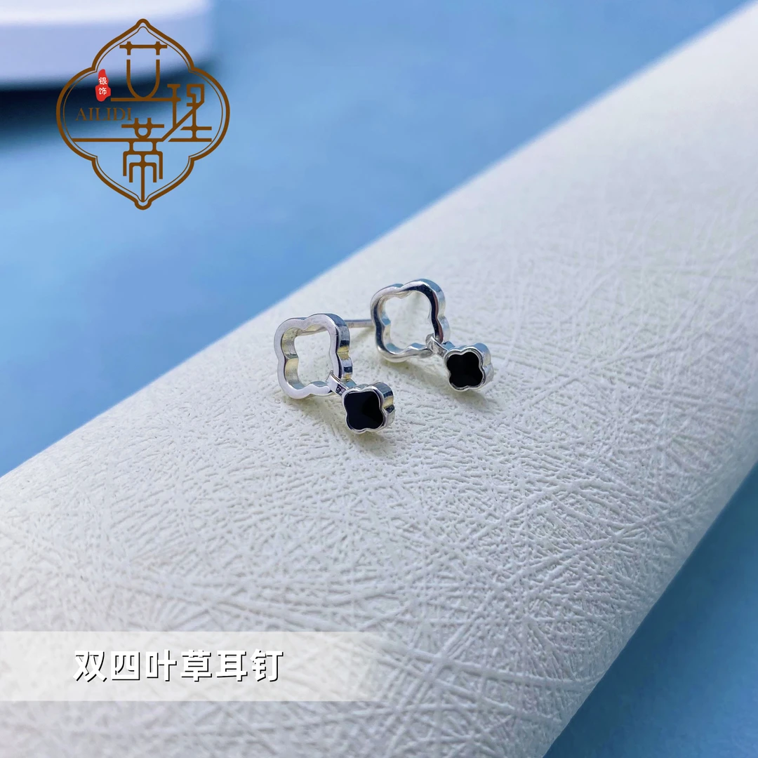 足银合成锆石耳饰 双四叶草滴胶锆石耳钉