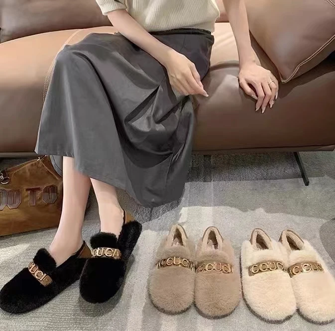 网红时尚软底毛毛鞋女外穿秋冬新款百搭厚底豆豆鞋女     1201