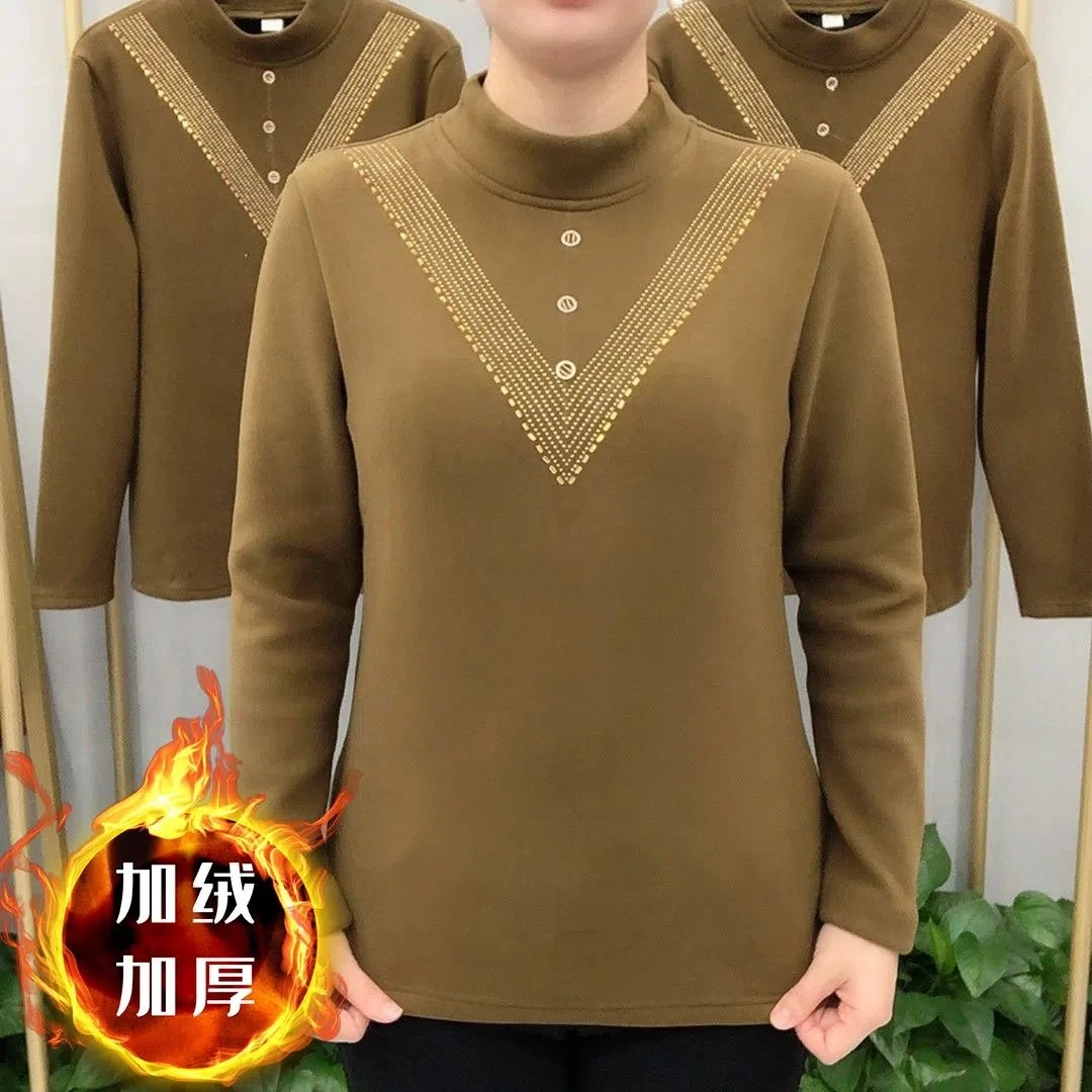 加绒加厚双面德绒半高领打底衫秋冬新款中年妈妈长袖镶钻保暖上衣