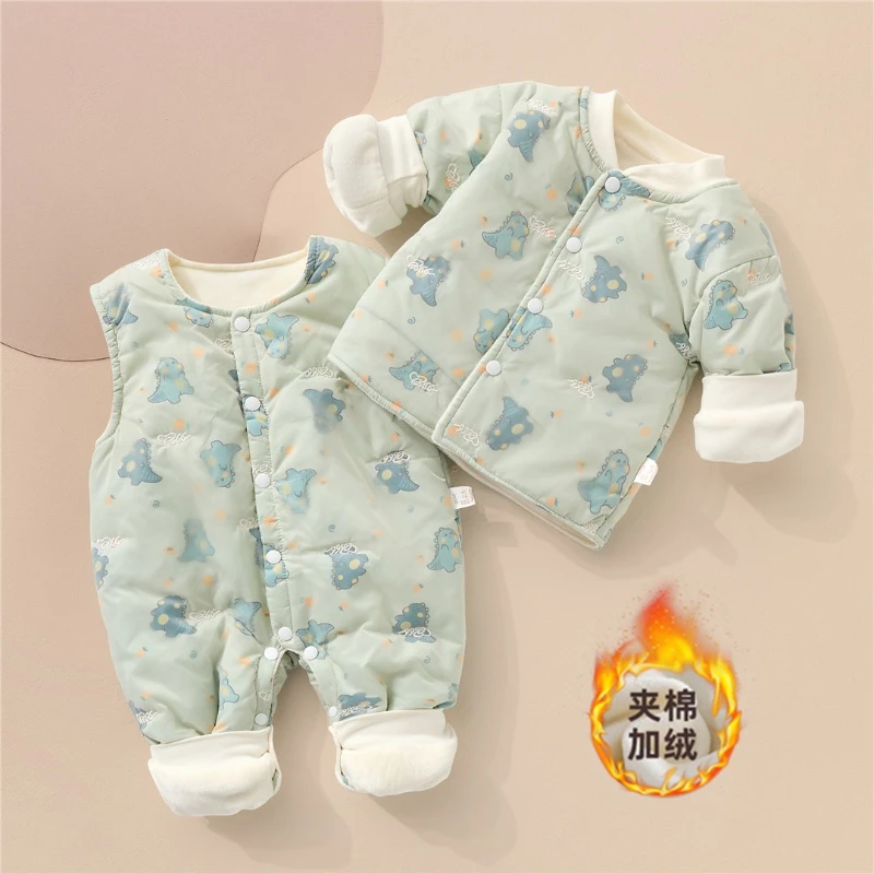 婴儿衣服秋冬季外出棉衣加绒背带裤套装宝宝幼儿冬装2024新款加厚